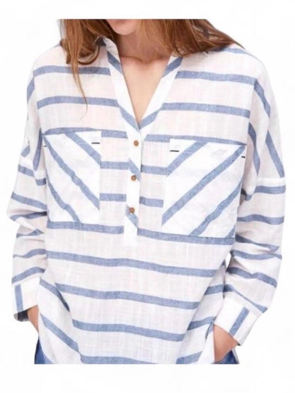 ZARA Oversized Stripe Linen Blend White & Navy Long-Sleeve Top {XSmall}